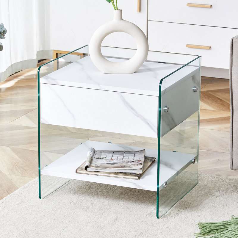 Bedside table with drawers: mdf top, transparent glass sides, simple elegant design, versatile storage solutions (109 characters)