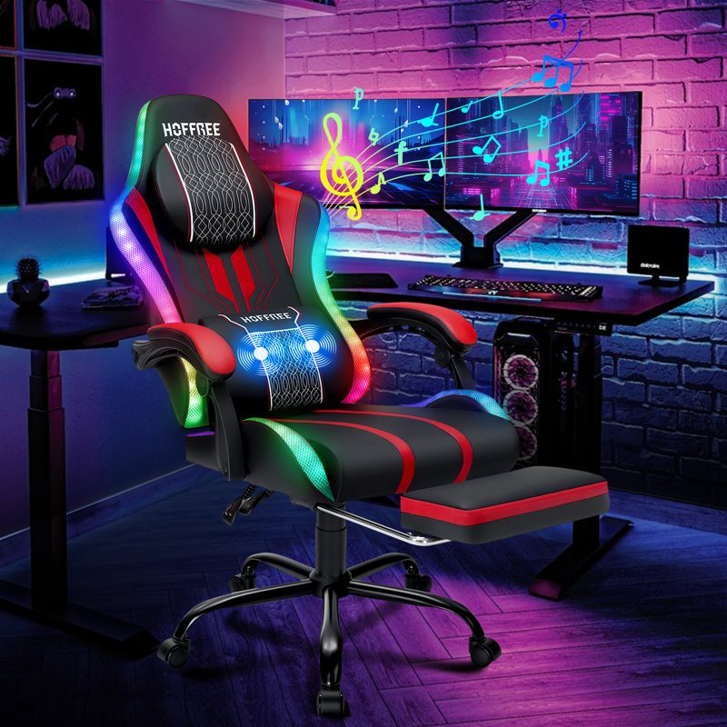 HOFFREE Led Gaming Chair With Speakers And Massage Video Game Chair Big And Tall For 400Lbs With Footrest Reclining High Back Computer Desk Chair
