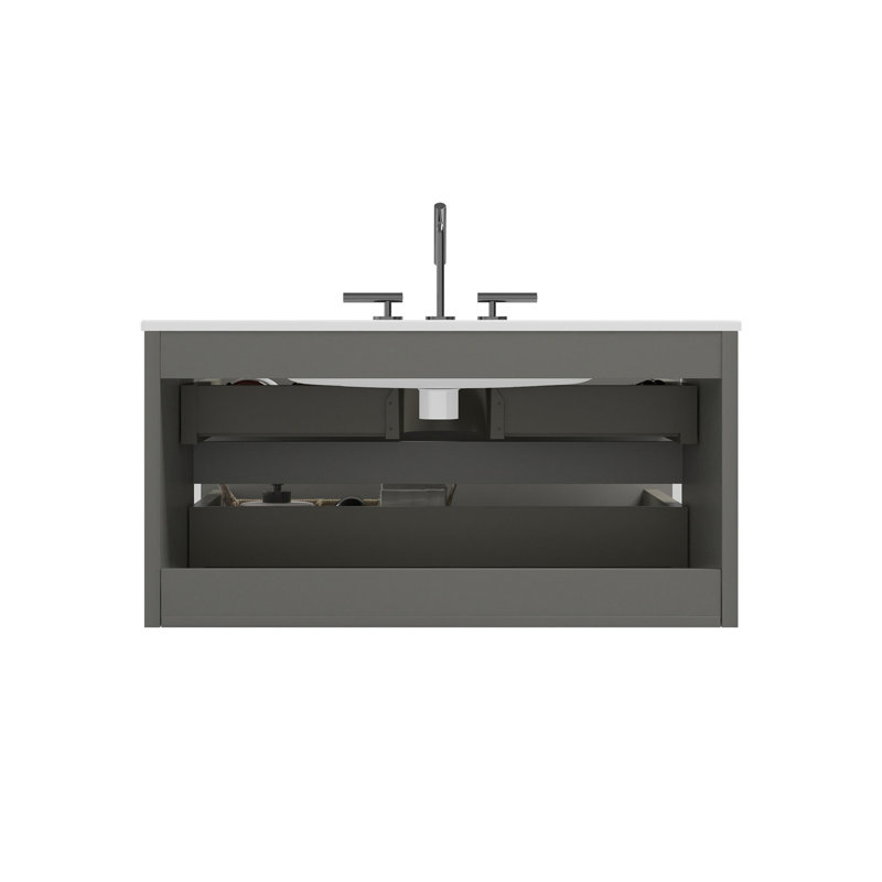 Meuble-lavabo mural en noyer de 36 po avec lavabo en céramique avec trois trous de robinet TIA, grand meuble-lavabo flottant pour salle de bain moderne