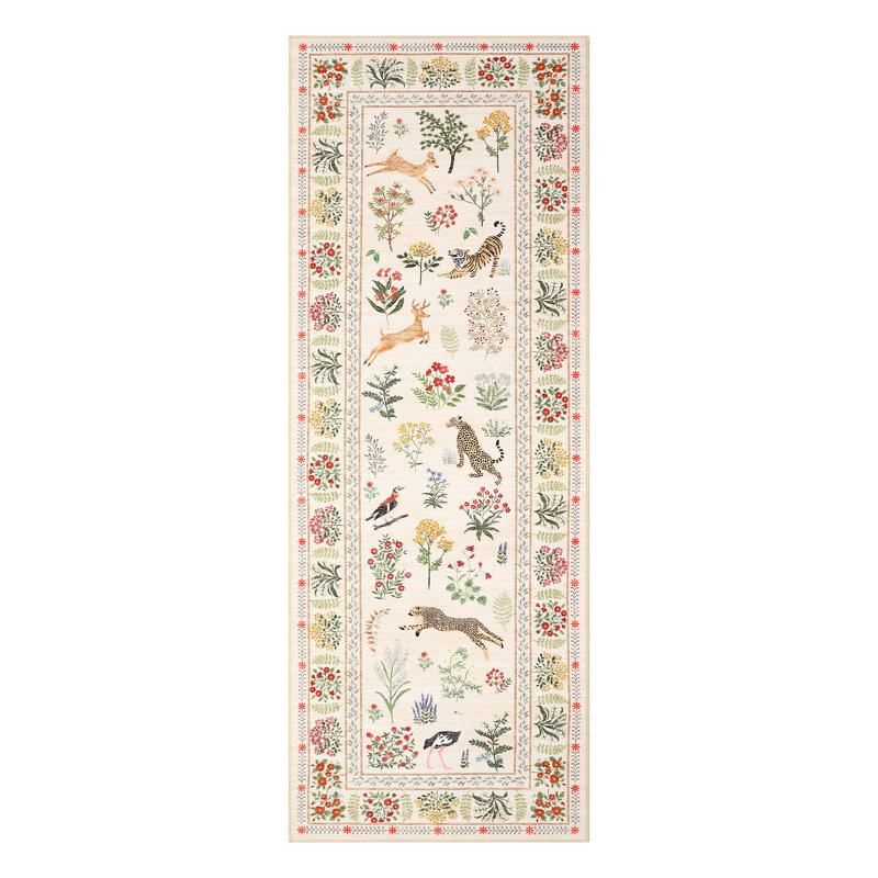 Washable Runner Rug 2x6 Floral Hallway Runner Farmhouse Botanical Animal Rug with Non Slip Backing, Low Pile Non Shedding Foldable Mat, Soft Thin Carpet for Kitchen Laundry, Beige