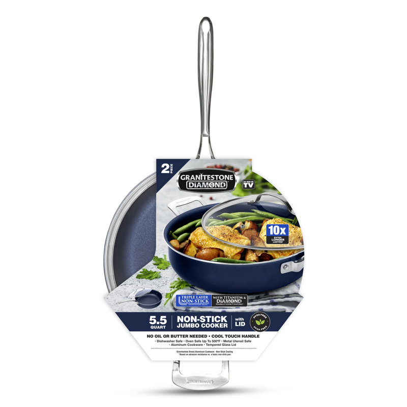 Granitestone Blue 5.5 Quart Multipurpose Deep Saute Jumbo Cooker Fry Pan with Glass Lid