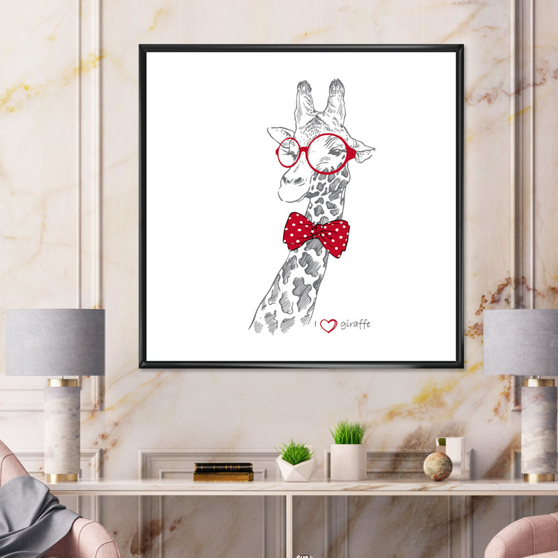 Girafe dans des verres ronds rouges - reproduction d'art sur toile peinte à la main, H 30 po x l 30 po, Cadre flottant noir