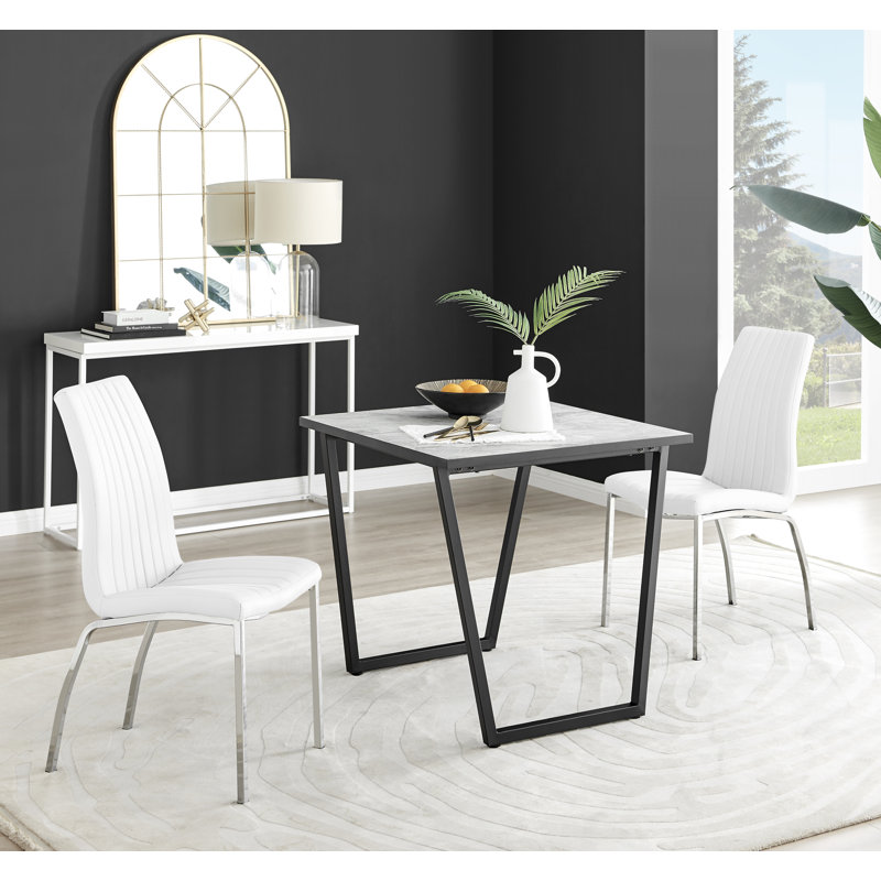 Industrial Design White & Grey Marble Effect Melamine Dining Table Set with 2 Faux Leather Chairs, White/Silver
