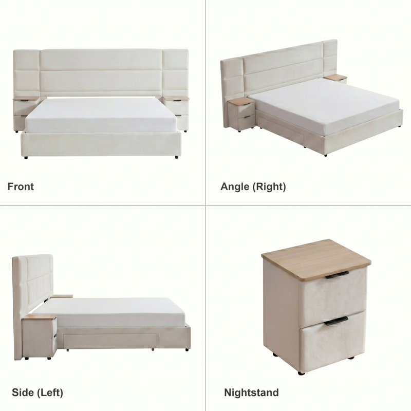 Upholstered Storage Platform Bed 3-Piece Bedroom Set with 2 Large Drawers, 2 Nightstands, Cream, King