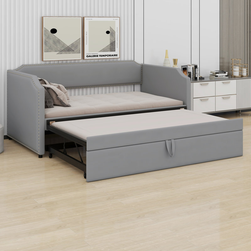 Upholstered Daybed With Pop Up Trundle, Gray