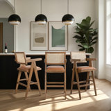 Harley Solid Wood And Rattan Upholstered Counter Height Or Bar Height Barstool With Faux Leather Seat - Set Of 3