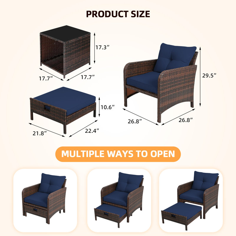 5-Piece  PE Wicker Rattan Rattan Seating Patio Conversation Sets With Ottoman, Navy Blue