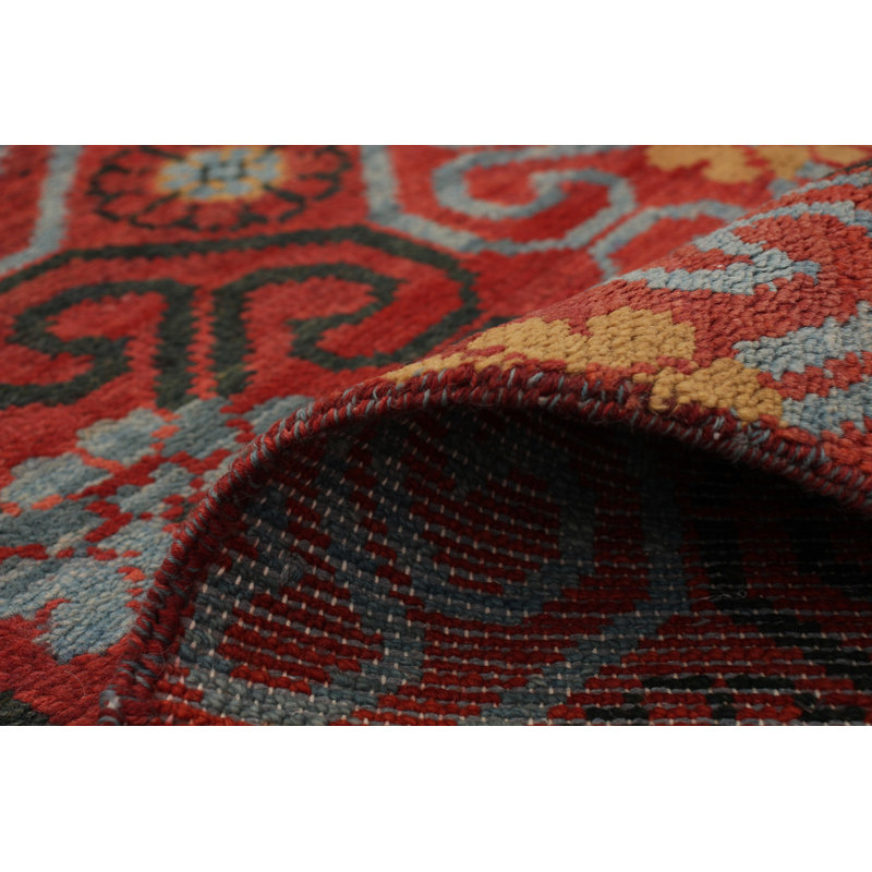 Tapis rouge en laine noué à la main de conception unique 8 pi 9 po x 11 pi 10 po Usahk Donahoe