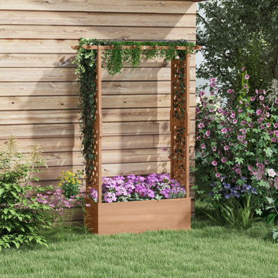 Tonnelle de jardin arqué, lit de jardin surélevé avec treillis arqué pour plantes grimpantes, fleurs suspendues, boîte à fleurs en bois de 70,75 po de hauteur avec trou de drainage et filtre en tissu pour la cour, le patio