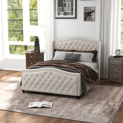 Kassaia Velvet Upholstered Metal Nail Trim Platform Bed with Tufted Headboard and 4 Drawers