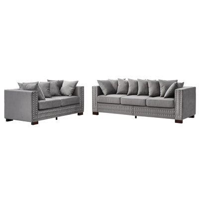 Velours moderne à 5 places avec accoudoirs carrés décorés de clous argentés, coussins confortables à ressorts ensachés, housses lavables, fonction de rangement, structure en bois massif clous de canapé gris 2 + 3 places