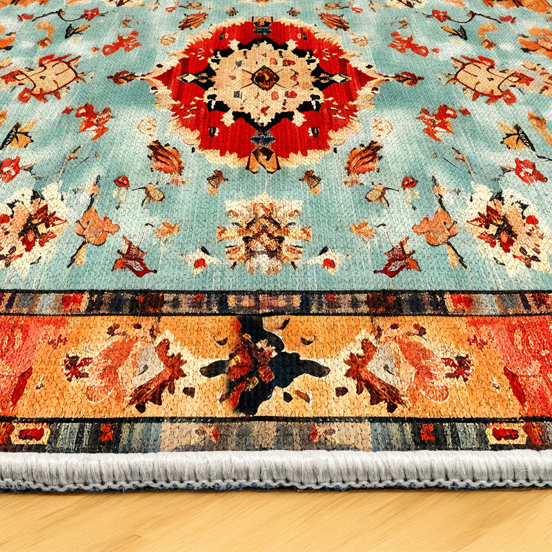 Arathorn Collection Digital Print Cotton-Polyester Blend Rug – Teal & Orange, Runner 4' x 16'5"