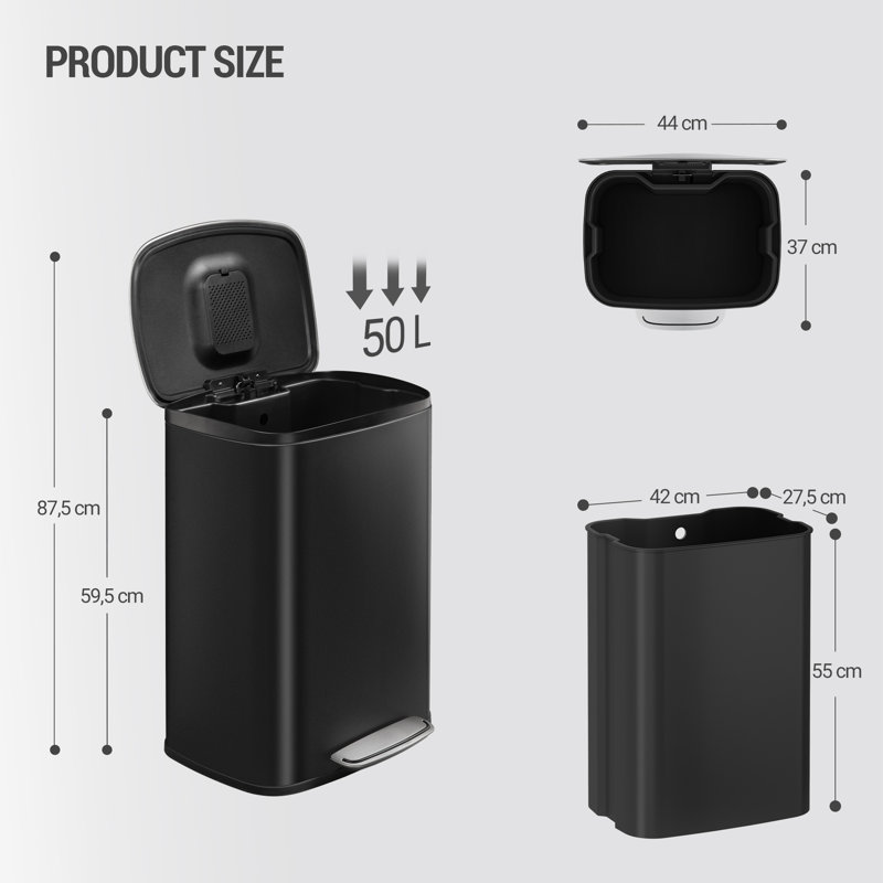 Kitchen Bin 50L, Recycling Bins for Kitchen, Stainless Steel Pedal Bin with Soft-Close Lid, Rubbish Bins with Handle, Removable Inner Bucket, 15 Bin Bags 
