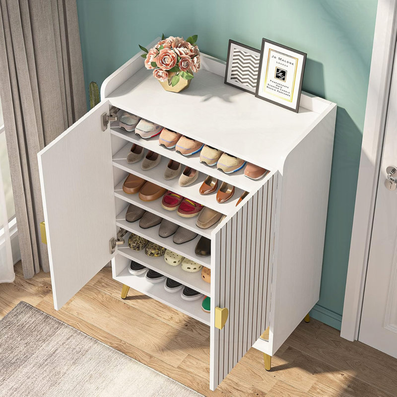Range-chaussures avec tablettes réglables et portes, Blanc / Doré