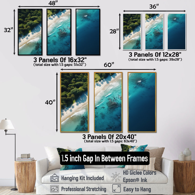 Vue aérienne de plage relaxante VI - Art mural plage, H 28 po x l 36 po x P 1 po, Cadre flottant noir