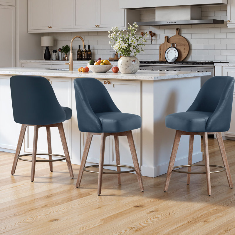 Kishmat Swivel 26'' Upholstered Counter Stool with Solid Wood Frame, Blue