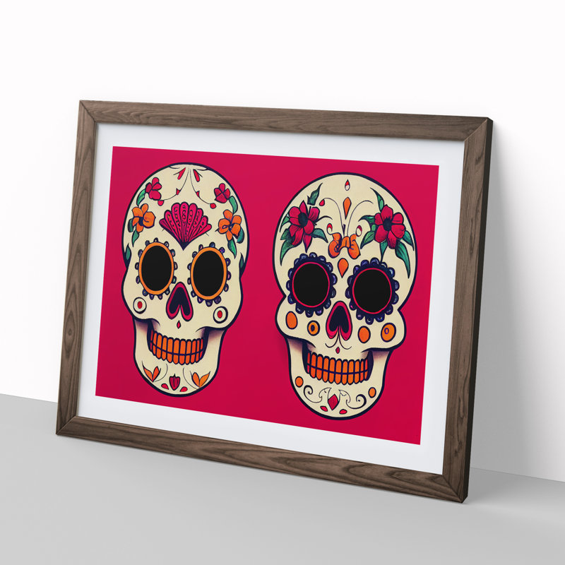 Floral Sugar Skulls - Single Picture Frame Print, 46cm H x 64cm W x 2cm D, Walnut