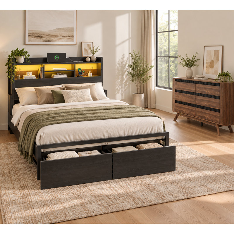 Ensemble de chambre à coucher 2 pièces comprenant un lit plateforme de rangement pleine grandeur et une commode à 6 tiroirs, une tête de lit à DEL, une station de recharge et des tiroirs sous le lit.