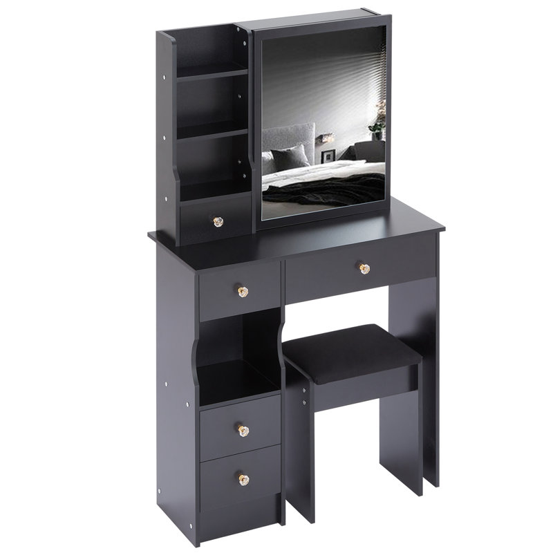 Table de coiffeuse et tabouret rembourré avec cinq tiroirs coulissants et support pour sèche-cheveux, Noir, noir, noir, noir