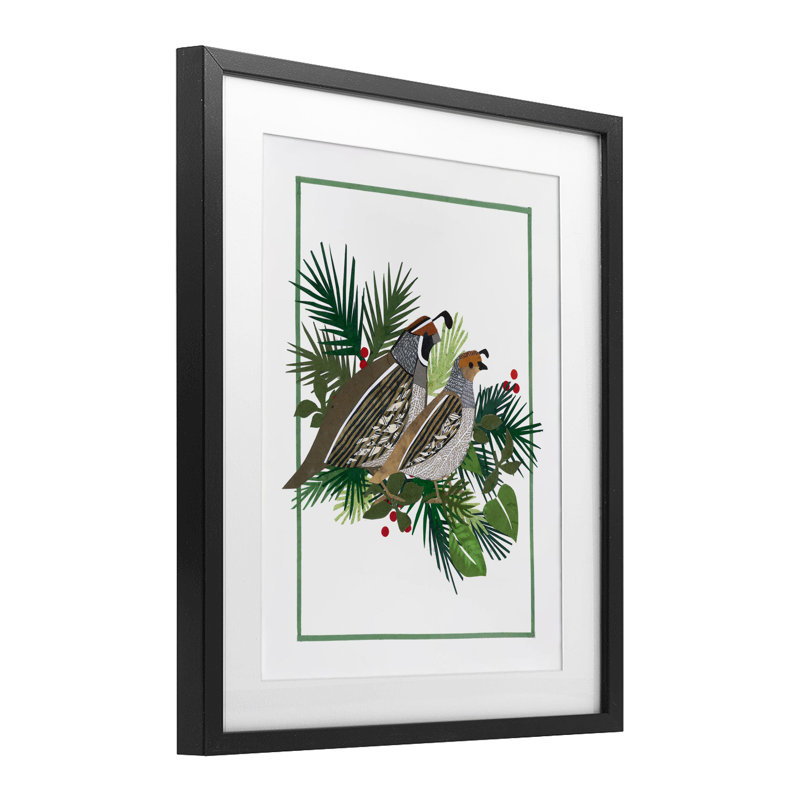 Caille de Noël et sapin, reproduction sous verre, conception de Nancy Overton, H 21 po x l 17 po, Cadre noir minuit
