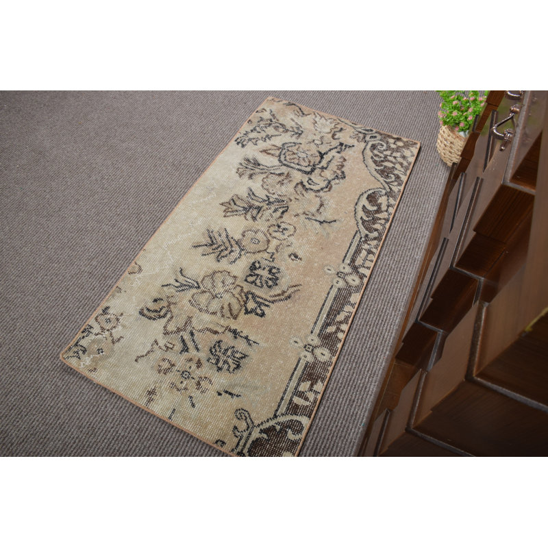 Vintage Turkish Door Mat with Distinctive Floral Pattern in Brown Shades