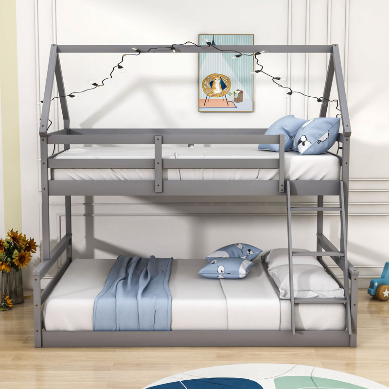 Godana Twin over Full House Bunk Bed with Built-in Ladder, Gray