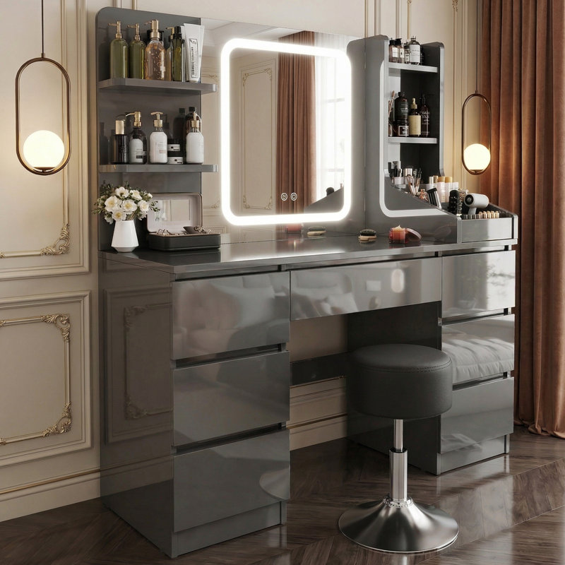 Dressing Table With 3 Colorful Light Mirror High- Makeup Desk 110Cm Desktop Vanity Table, Glossy Grey