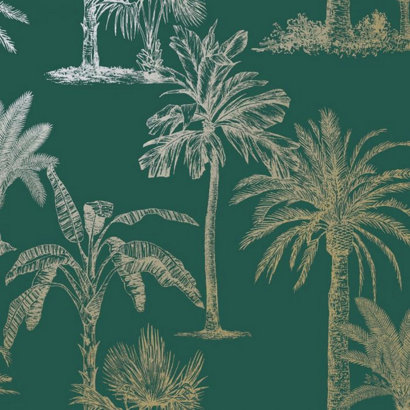 Dutch Wallcoverings Wallpaper Tropical Trees, Teal/Silver