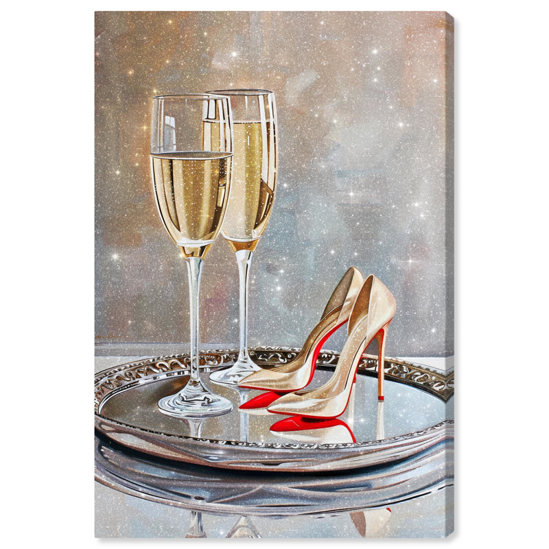 Illustration de mode sur toile avec talons et boissons classiques par , H 30 po x l 20 po, Toile tendue