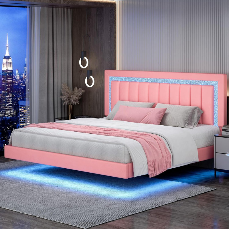 Floating Bed Frame with Smart LED Lights, Faux Leather Upholstered Platform Bed with Diamond PU Headboard, King, Pink