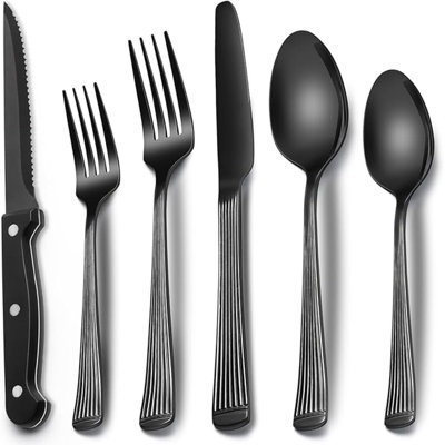 Black Hammered Silverware Set With Steak Knives, 24-Piece Stainless Steel Roman Column Flatware For 4, Food-Grade Tableware Cutlery, Utensil Set For Home Restaurant, Mirror Finish