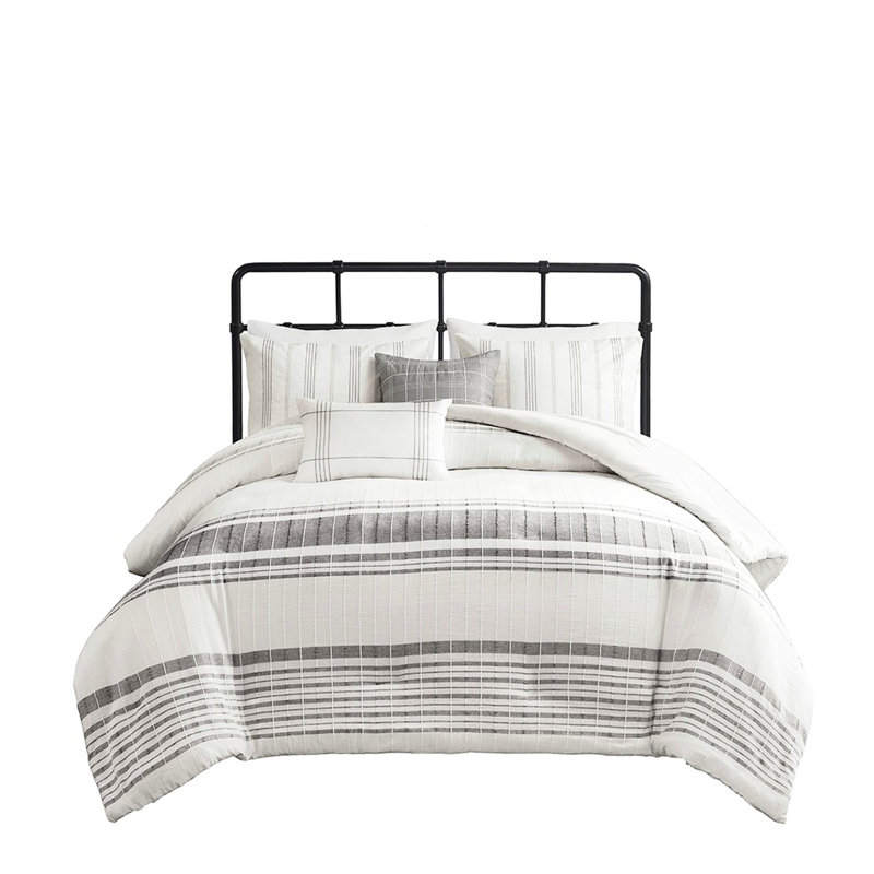 Couette 5 pièces, coton, blanc / gris, 2 taies décoratives, coussins, lavable à la machine, fermeture à boutons, lavable par chevauchement