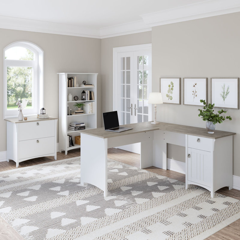 Khadesha 3 Piece Computer Desk Office Set, Shiplap Gray/Pure White