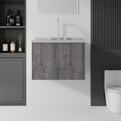 Meuble-lavabo flottant, avec lavabo, avec porte à fermeture en douceur, plateau en granite, contreplaqué