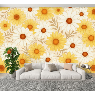 Papier peint adhésif à motif floral marguerite jaune crème rétro dessiné à la main H 100 po x l 144 po papier mural amovible en PVC auto-adhésif pour chambre à coucher, bureau à domicile
