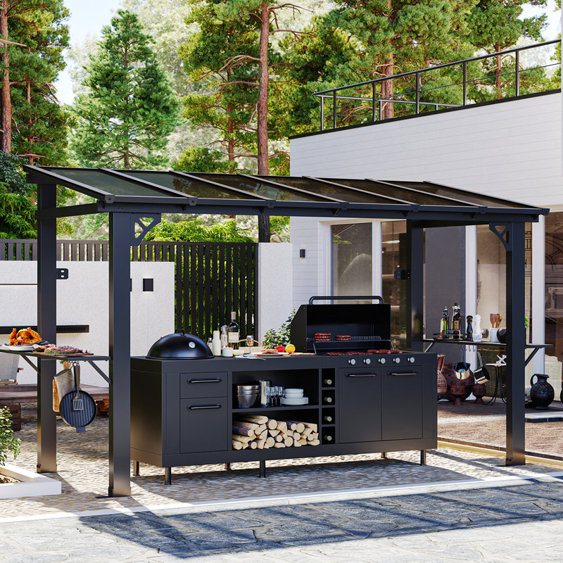 12X5 Ft Gazebo With Polycarbonate Panel, All-Weather Outdoor Bbq Canopy With Sloping Steel Roof