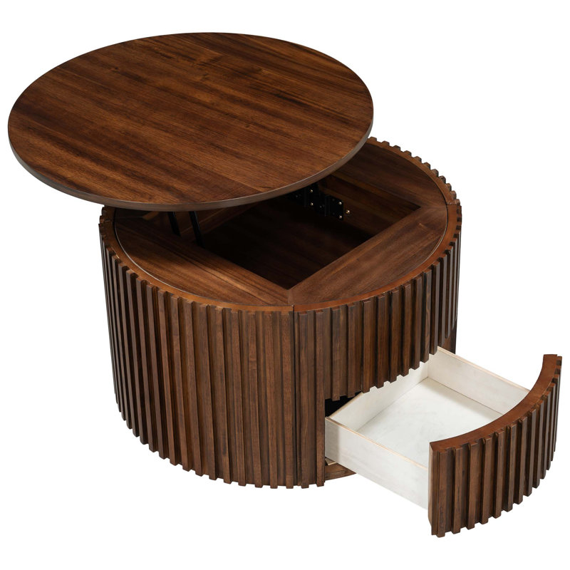 Table basse ronde moderne à plateau relevable avec rangement dissimulé et design cannelé