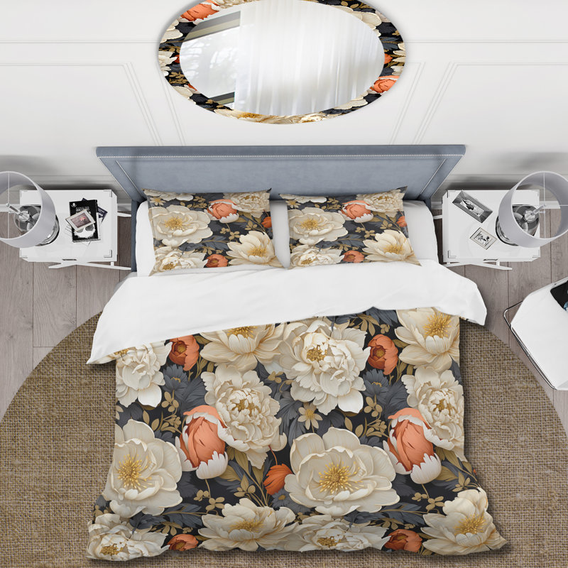 Ensemble de housse de couette White Peony Paradise, Housse de couette pour grand lit et 2 taies décor