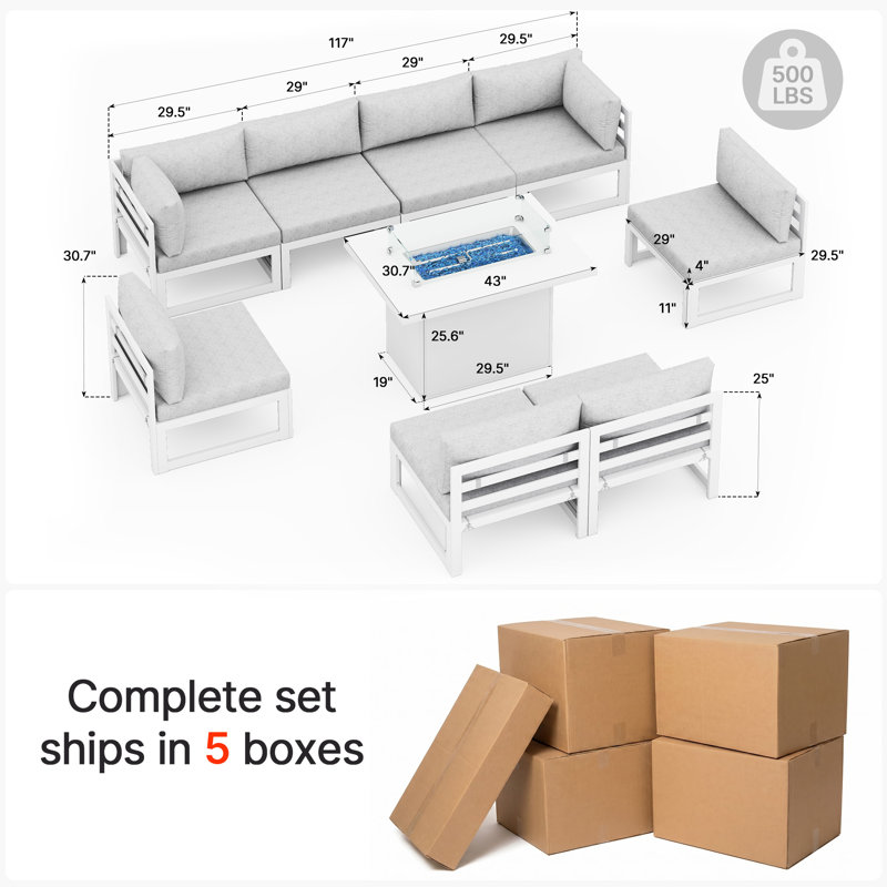 Modern 9-Piece Aluminum Patio Conversation Set with Propane Fire Pit Table, 500lb Capacity Heavy-Duty Outdoor Sectional Set with Cushions
