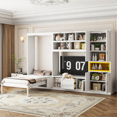 Twin Size Wooden Murphy Bed With TV Stand, 2 Drawers, Shelves, And Cabinets, White