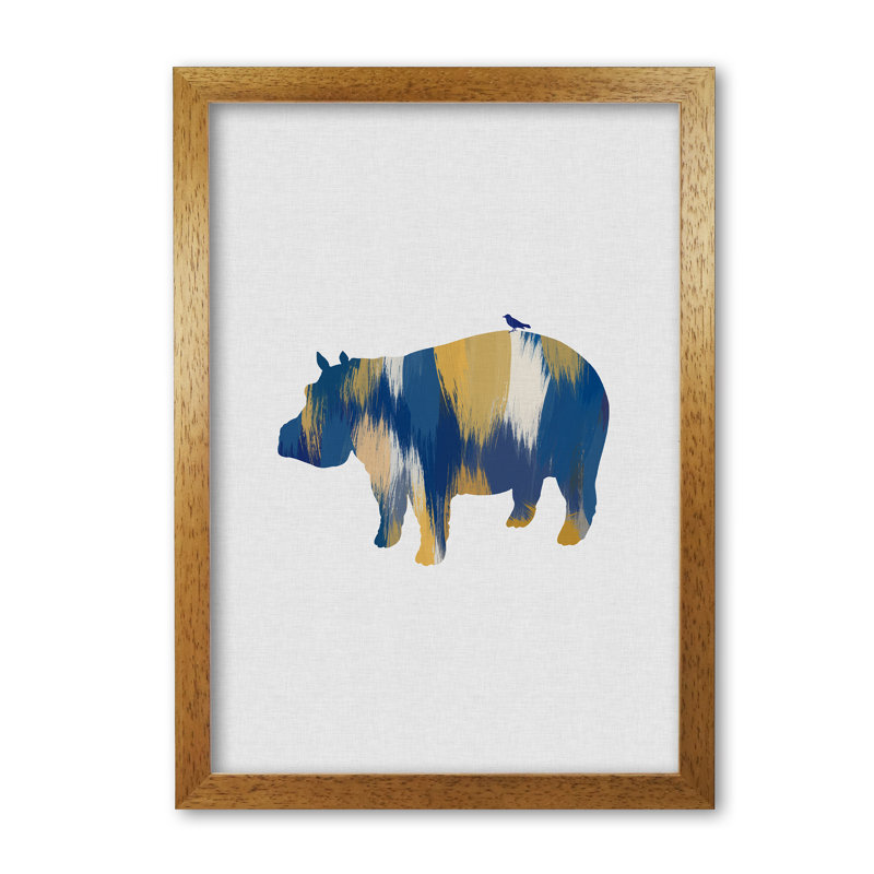 Hippo Blue & Yellow - Print, Honey Oak Frame, 42 cm H x 30 cm W x 5 cm D