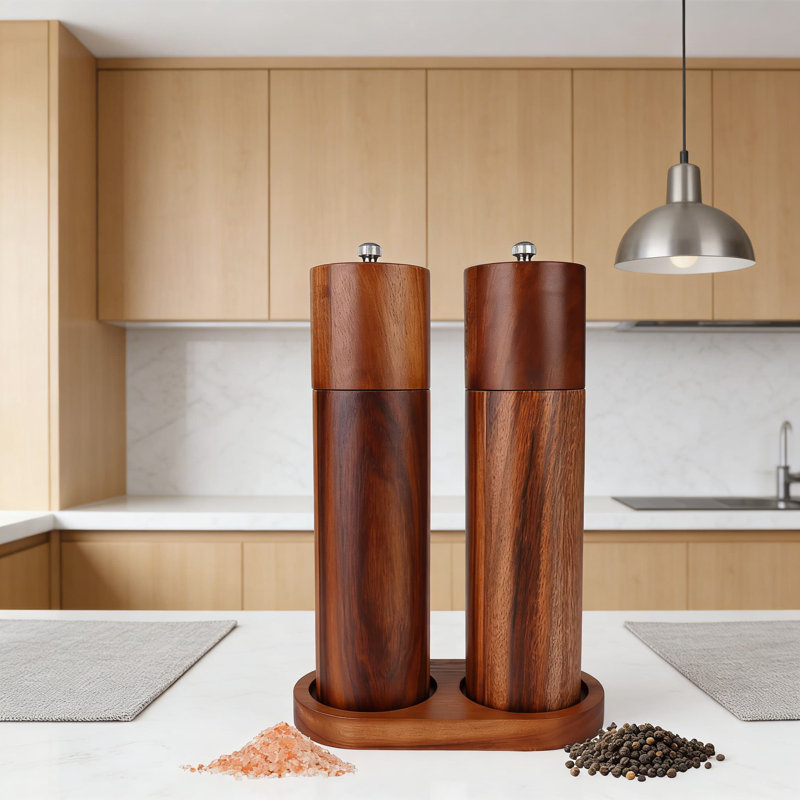 Ensemble de moulins à sel et à poivre en bois d'acacia avec plateau - Moulins manuels réglables de 8 pouces avec noyau de broyage en céramique, conception rechargeable pour la cuisine