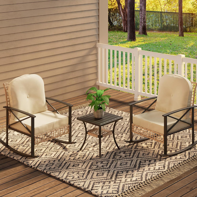 Ensemble bistro 3 pièces à bascule, ensemble de mobilier d'extérieur avec coussins épais et table basse à 2 niveaux, ensemble de conversation en rotin pour porche, jardin