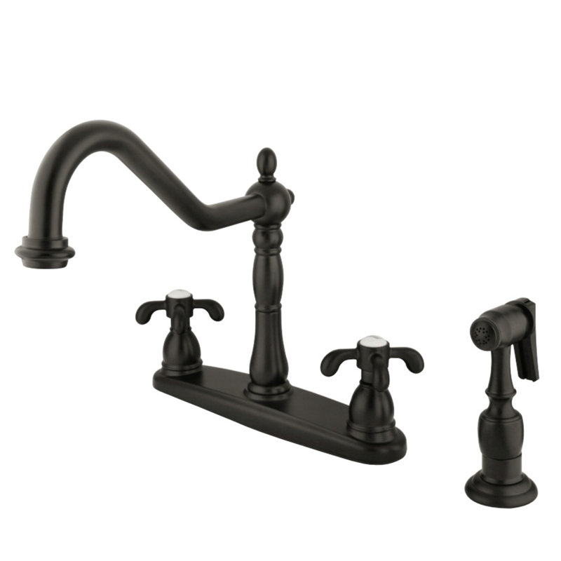 Kingston Brass French Country Two-Handle 4-Hole 8" Centerset Kitchen Faucet with Brass Side Sprayer, Oil Rubbed Bronze