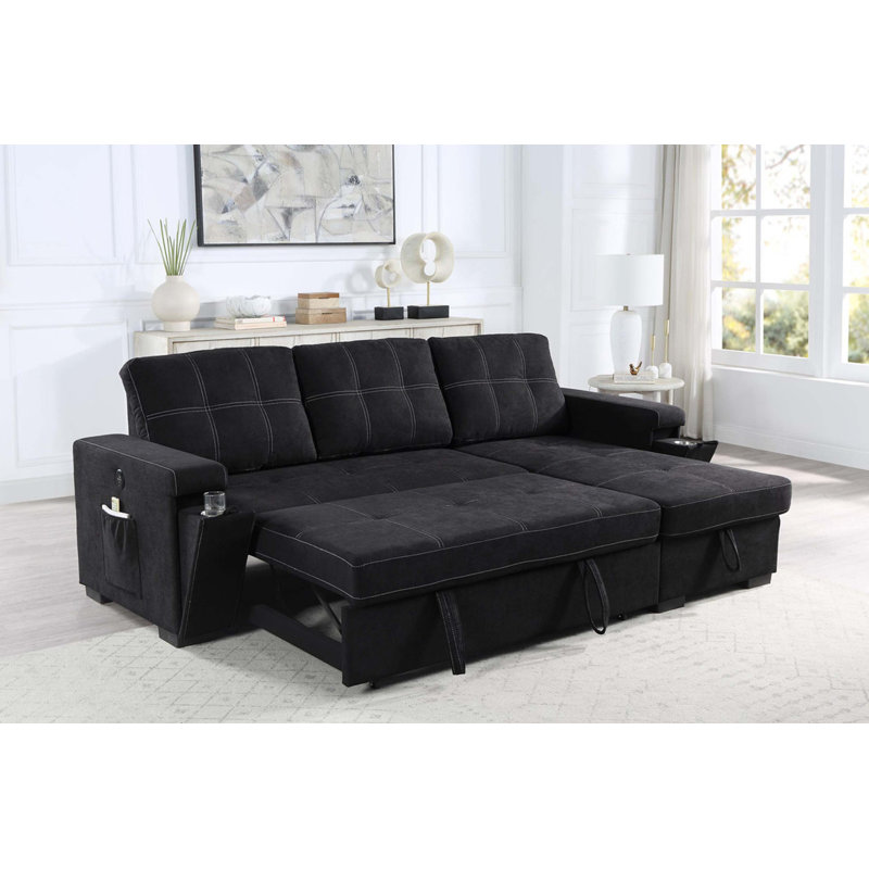 95"W Woven Fabric Reversible Sleeper Sectional Sofa With Storage Chaise Cup Holder Charging Ports And Pockets, Black Fabric