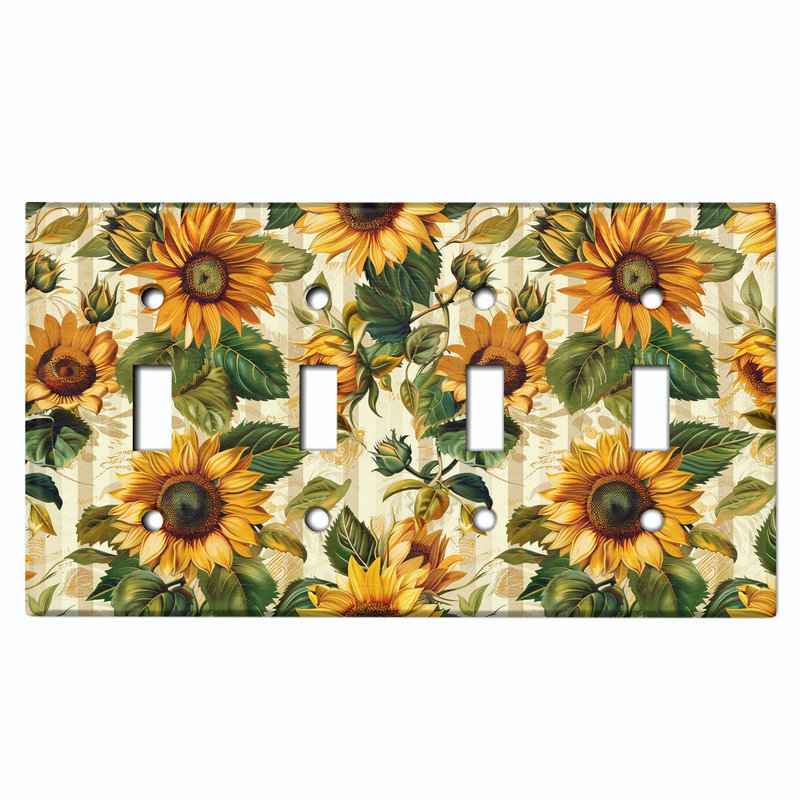 Couvercle de plaque d'interrupteur en métal; Format standard américain - tournesols rétro, # 4 Quad bascule