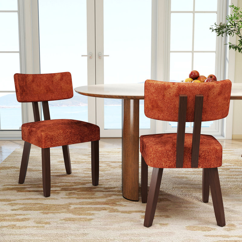 18'' H Mid Century Upholstered Side Dining Chairs With Brown Solid Wood Legs, Orange, 2, Brown
