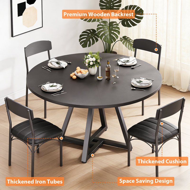 47IN Black Round Dining Table: Pedestal Metal Frame, Space-Saving Industrial Style, 30"H x 51"L x 51"W, Black