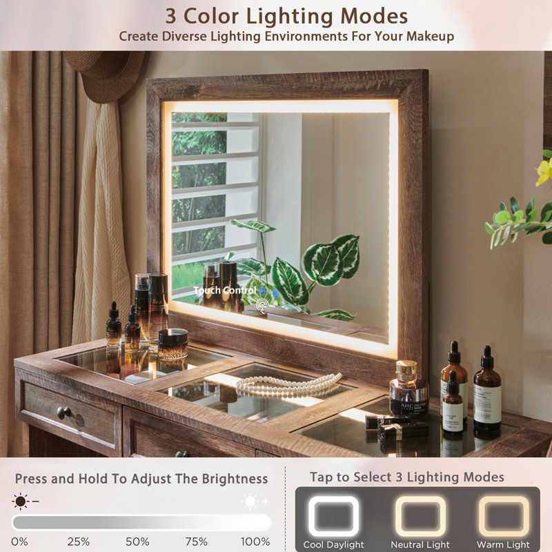 69" W Large Vanity Desk with 30" Lighted Mirror & 9 Drawers, Farmhouse Corner Makeup Table with Glass Top, Brown