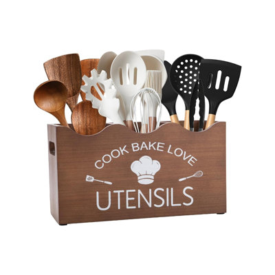 3 Compartment Wooden Modern Scalloped Kitchen Utensil Caddy Organizer with Removable Divider, Brown